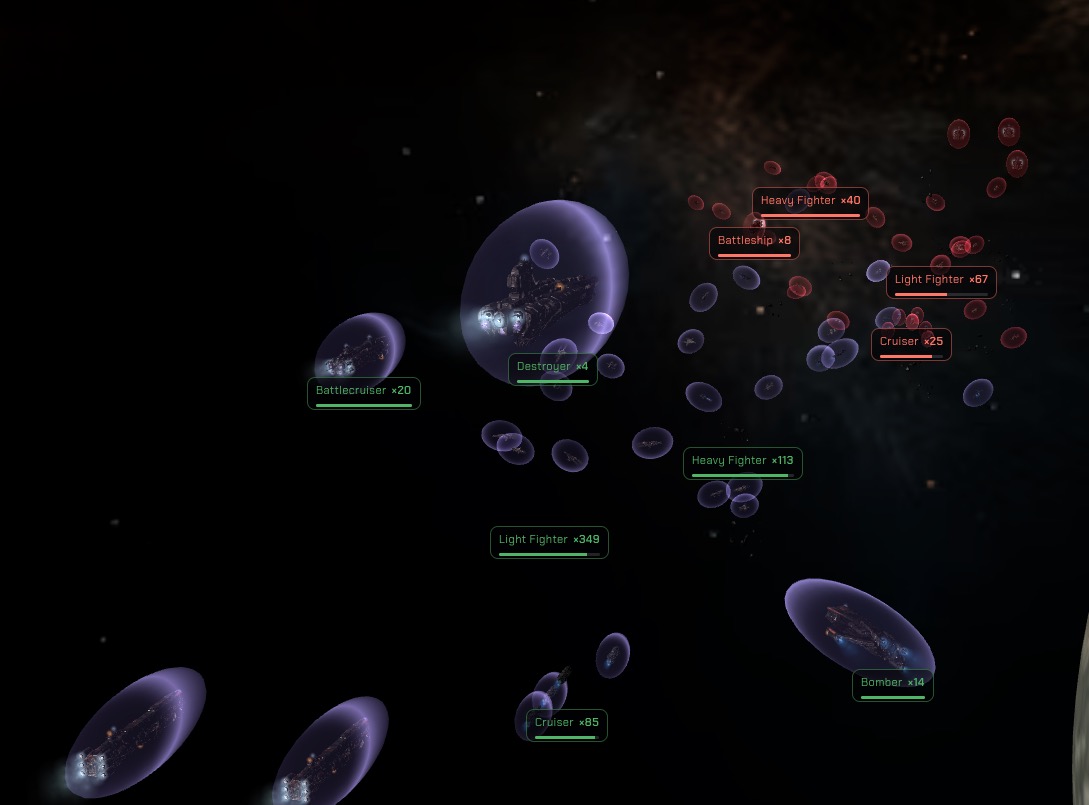 A battle in progress: two fleets, every stack labelled with its ship type and count